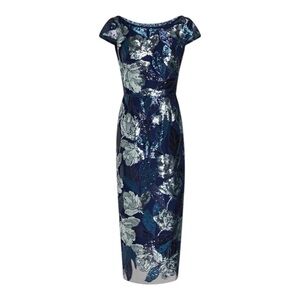 Marchesa Notte Blue Silver Sequin Floral Embellished Midi Dress 16